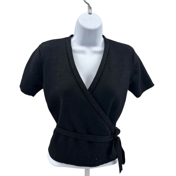 Gap Wrap Top Womens M Black Sparkle Wool Blend Knit Short Sleeve Cropped V-Neck - Picture 1 of 6